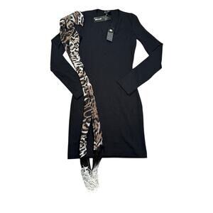 Just Cavalli Ponte Dress Size S Black Leopard Scarf Attached Chic Edgy NWT